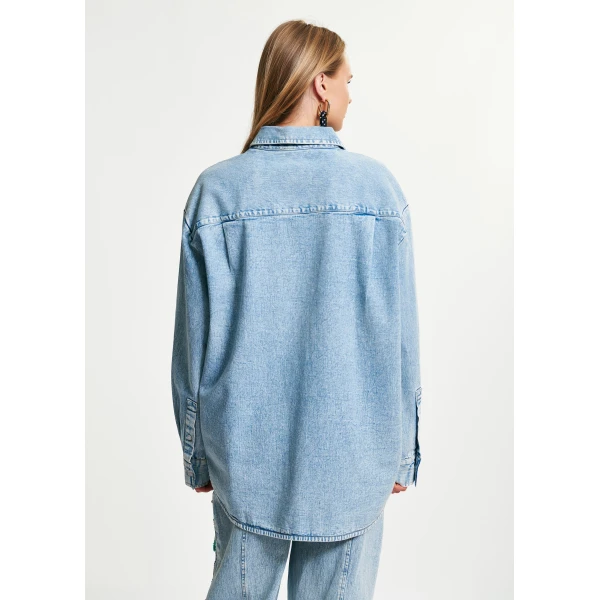 Essentiel Antwerp Blue and multicolor denim shirt with sequin flower embellishments, view 4