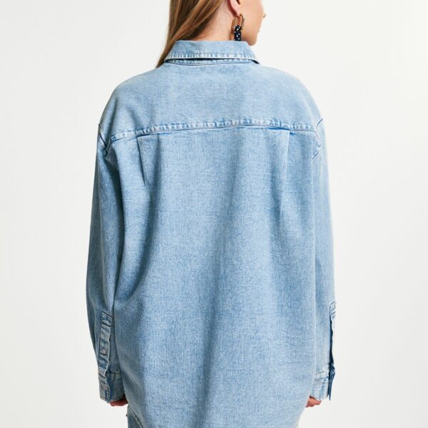 Essentiel Antwerp Blue and multicolor denim shirt with sequin flower embellishments - Essentiel Antwerp Shirts - Colorful Belgian Design - Shop at Coveti