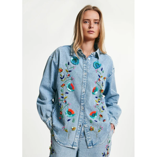 Essentiel Antwerp Blue and multicolor denim shirt with sequin flower embellishments, view 5