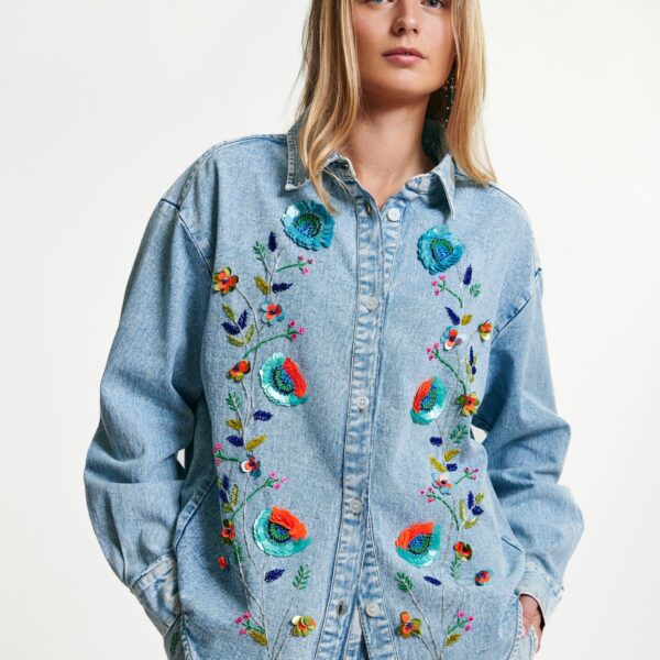 Essentiel Antwerp Blue and multicolor denim shirt with sequin flower embellishments - Essentiel Antwerp Shirts - Colorful Belgian Design - Shop at Coveti