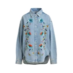 Essentiel Antwerp Blue and multicolor denim shirt with sequin flower embellishments - Essentiel Antwerp Shirts - Colorful Belgian Design - Shop at Coveti