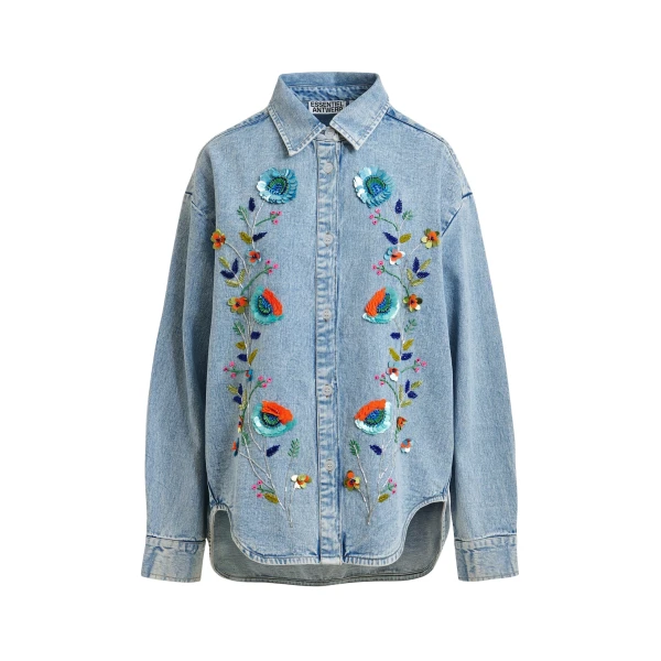 Essentiel Antwerp Blue and multicolor denim shirt with sequin flower embellishments - Essentiel Antwerp Shirts - Colorful Belgian Design - Shop at Coveti