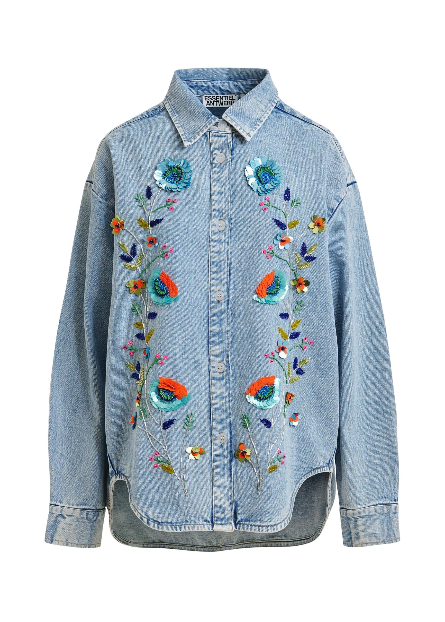Essentiel Antwerp Blue and multicolor denim shirt with sequin flower embellishments - Essentiel Antwerp Shirts - Colorful Belgian Design - Shop at Coveti