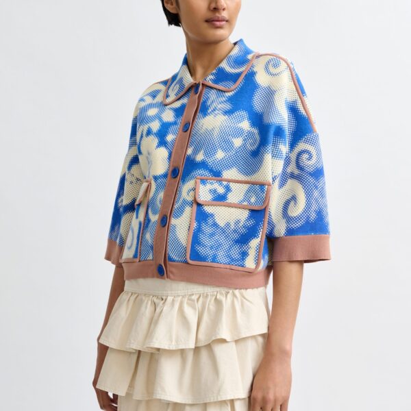 Essentiel Antwerp Blue and off-white floral-print knit cardigan with brown contrasting trims - Essentiel Antwerp Knitwear - Colorful Belgian Design - Shop at Coveti