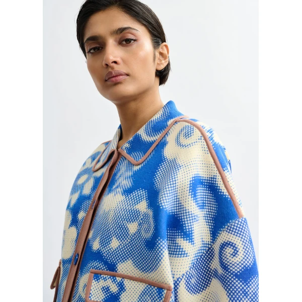 Essentiel Antwerp Blue and off-white floral-print knit cardigan with brown contrasting trims, view 3