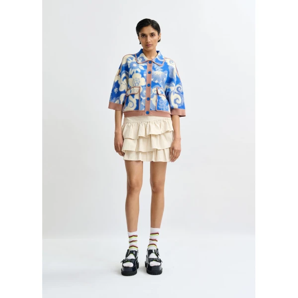 Essentiel Antwerp Blue and off-white floral-print knit cardigan with brown contrasting trims, view 5