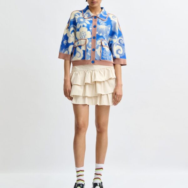 Essentiel Antwerp Blue and off-white floral-print knit cardigan with brown contrasting trims - Essentiel Antwerp Knitwear - Colorful Belgian Design - Shop at Coveti