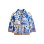 Essentiel Antwerp Blue and off-white floral-print knit cardigan with brown contrasting trims - Essentiel Antwerp Knitwear - Colorful Belgian Design - Shop at Coveti