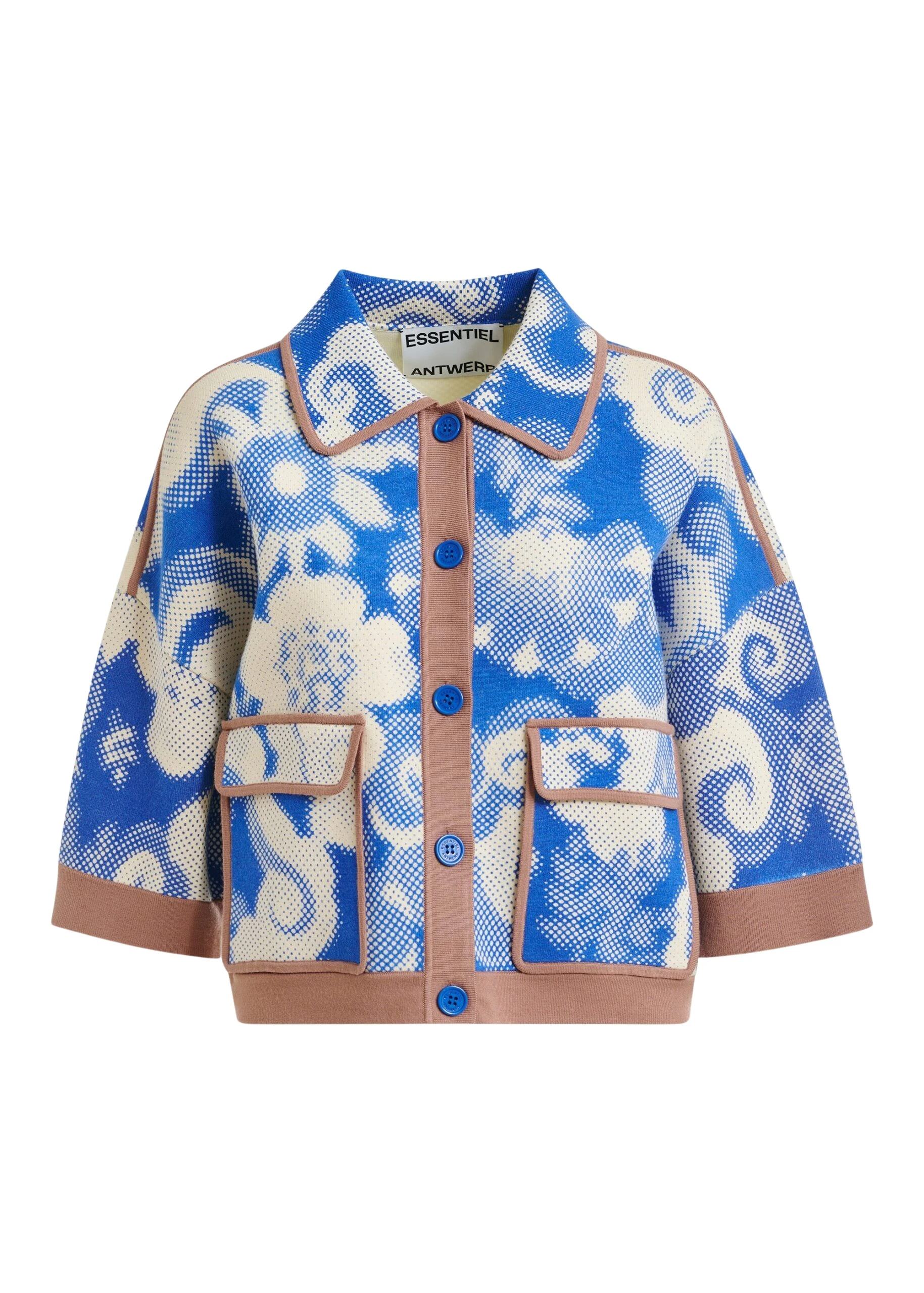 Blue-and-off-white-floral-print-knit-cardigan-with-brown-contrasting-trims-Essentiel-Antwerp-Knitwear-scaled91400_nobg Essentiel Antwerp Blue and off-white floral-print knit cardigan with brown contrasting trims - Essentiel Antwerp Knitwear - Colorful Belgian Design - Shop at Coveti
