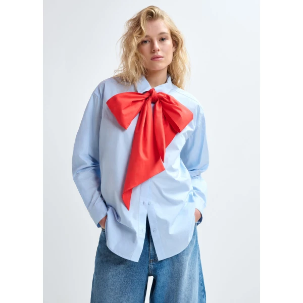 Essentiel Antwerp Blue and red cotton shirt with removable bow tie, view 2