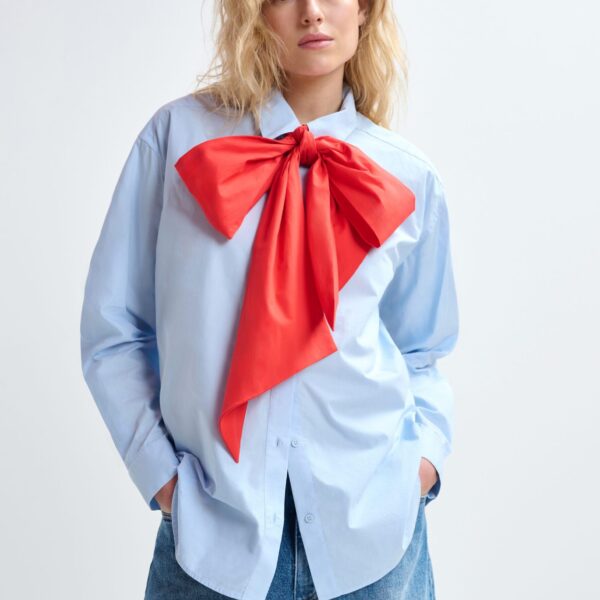 Essentiel Antwerp Blue and red cotton shirt with removable bow tie - Essentiel Antwerp Shirts - Colorful Belgian Design - Shop at Coveti