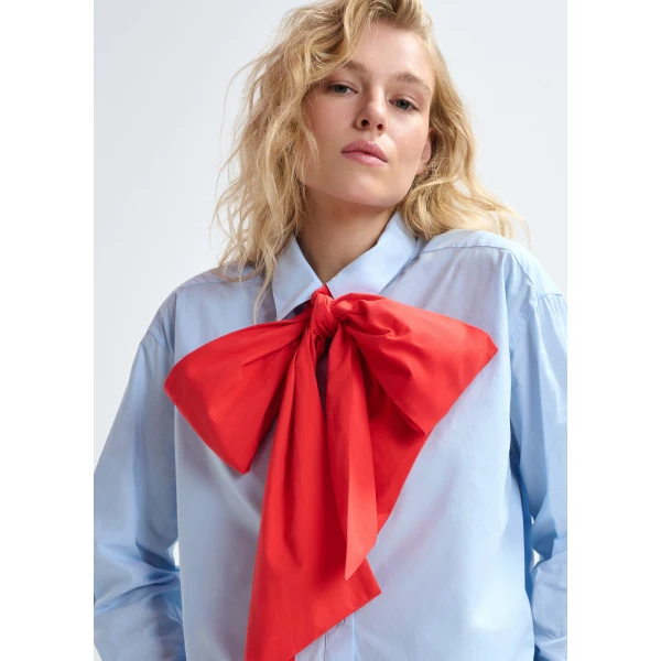 Essentiel Antwerp Blue and red cotton shirt with removable bow tie, view 3