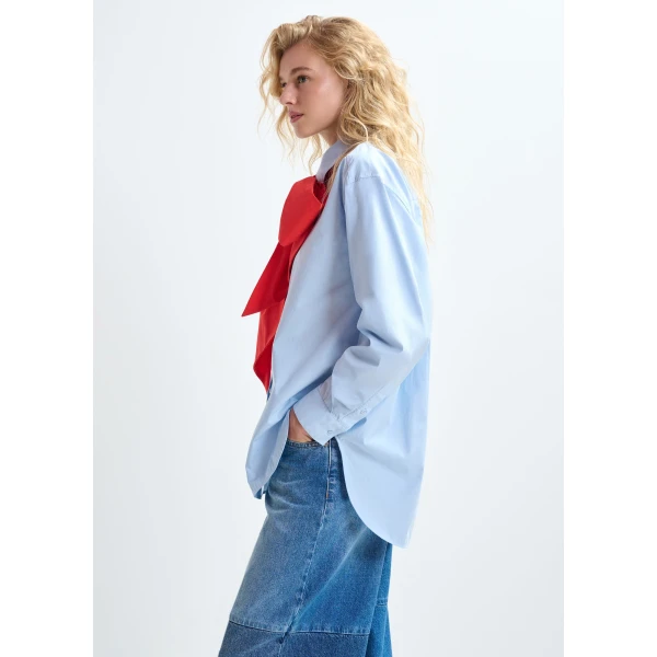 Essentiel Antwerp Blue and red cotton shirt with removable bow tie, view 5
