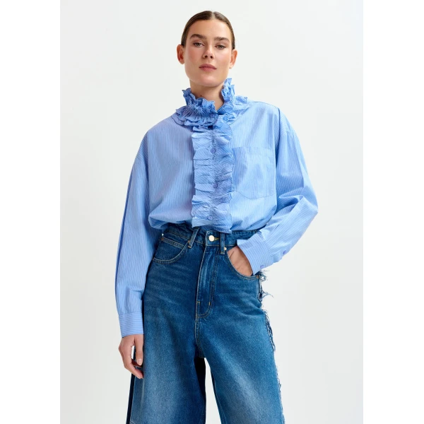 Essentiel Antwerp Blue and white oversized striped cotton shirt with ruffle details, view 2