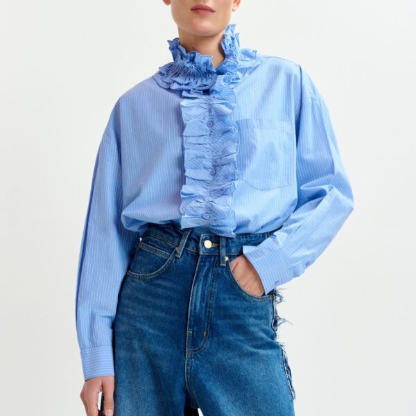 Essentiel Antwerp Blue and white oversized striped cotton shirt with ruffle details - Essentiel Antwerp Shirts - Colorful Belgian Design - Shop at Coveti