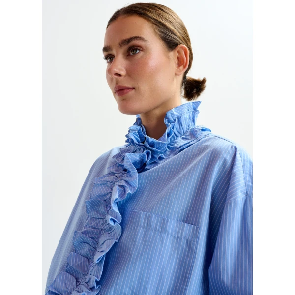 Essentiel Antwerp Blue and white oversized striped cotton shirt with ruffle details, view 3