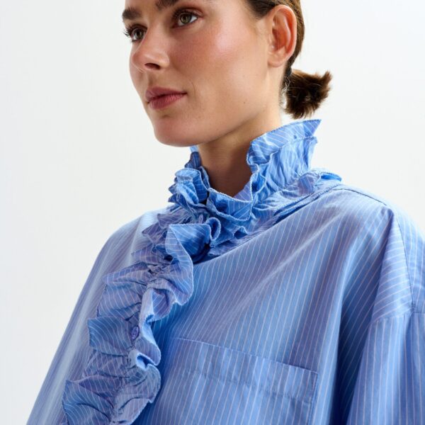Essentiel Antwerp Blue and white oversized striped cotton shirt with ruffle details - Essentiel Antwerp Shirts - Colorful Belgian Design - Shop at Coveti