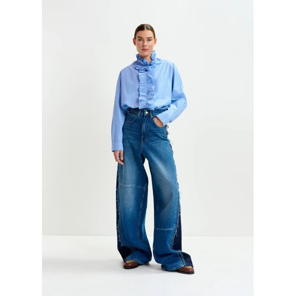 Essentiel Antwerp Blue and white oversized striped cotton shirt with ruffle details, view 4