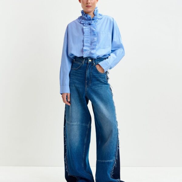 Essentiel Antwerp Blue and white oversized striped cotton shirt with ruffle details - Essentiel Antwerp Shirts - Colorful Belgian Design - Shop at Coveti