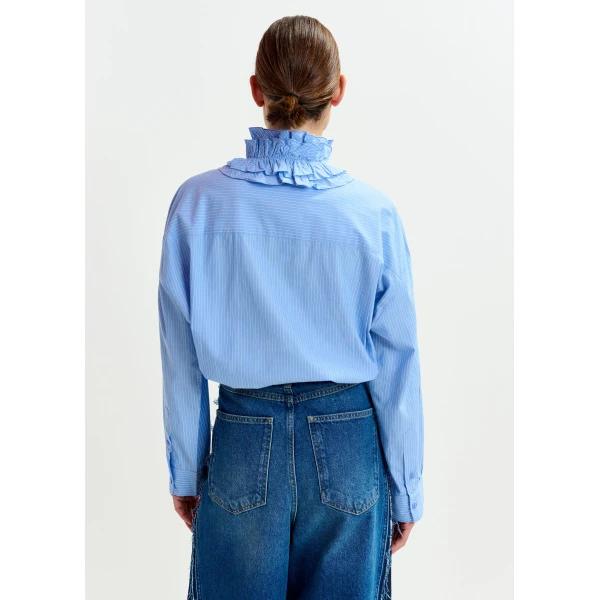 Essentiel Antwerp Blue and white oversized striped cotton shirt with ruffle details, view 5