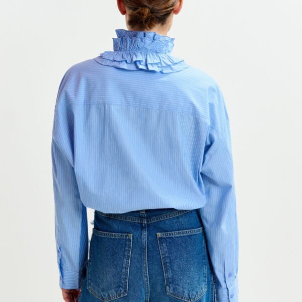 Essentiel Antwerp Blue and white oversized striped cotton shirt with ruffle details - Essentiel Antwerp Shirts - Colorful Belgian Design - Shop at Coveti