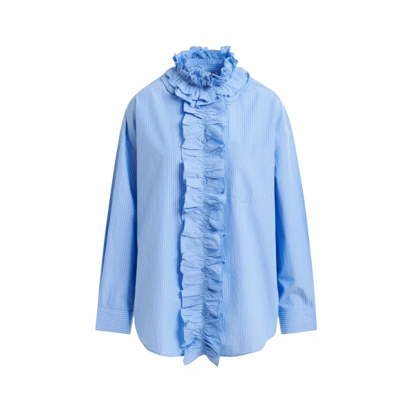 Essentiel Antwerp Blue and white oversized striped cotton shirt with ruffle details - Essentiel Antwerp Shirts - Colorful Belgian Design - Shop at Coveti