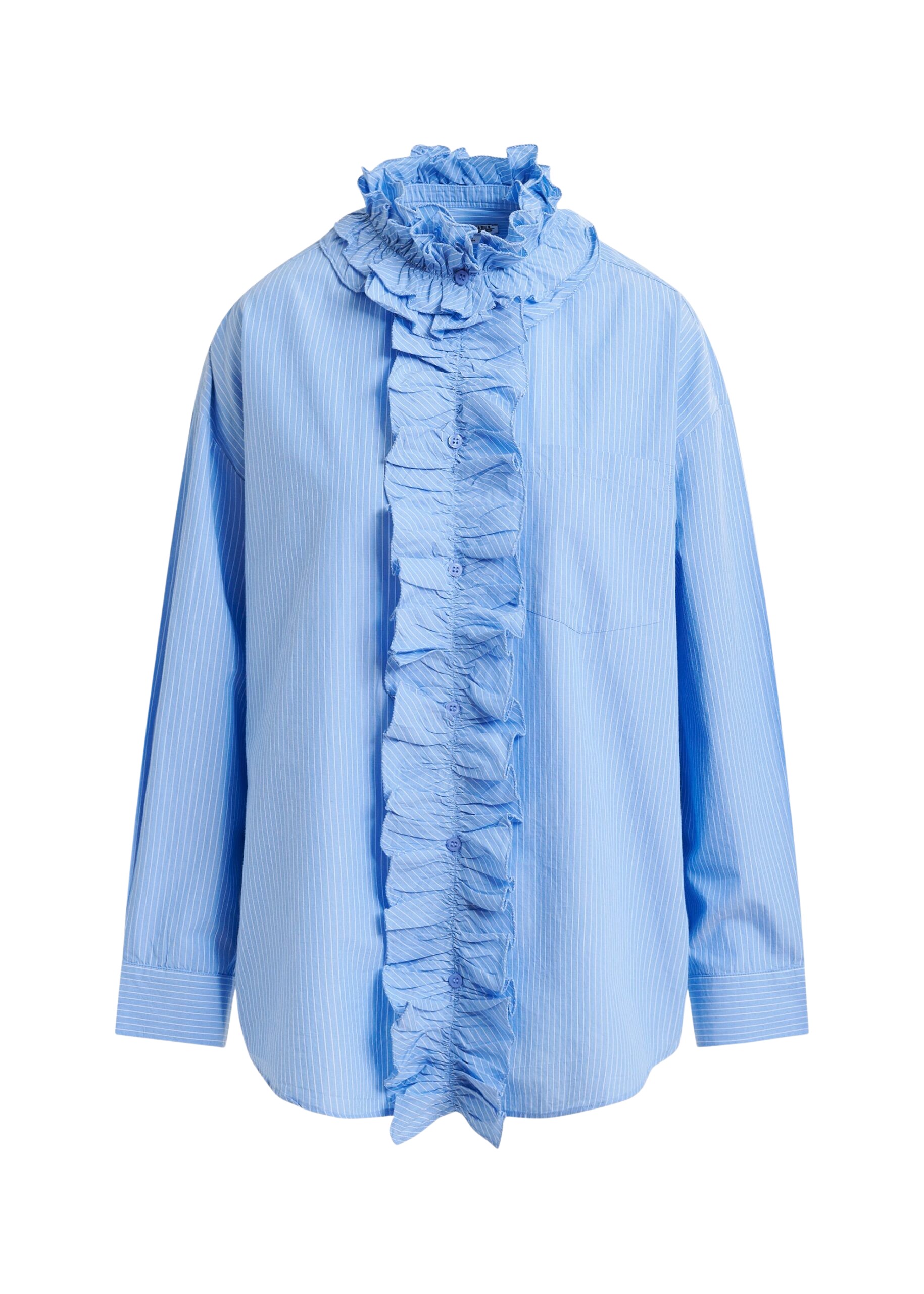 Essentiel Antwerp Blue and white oversized striped cotton shirt with ruffle details - Essentiel Antwerp Shirts - Colorful Belgian Design - Shop at Coveti