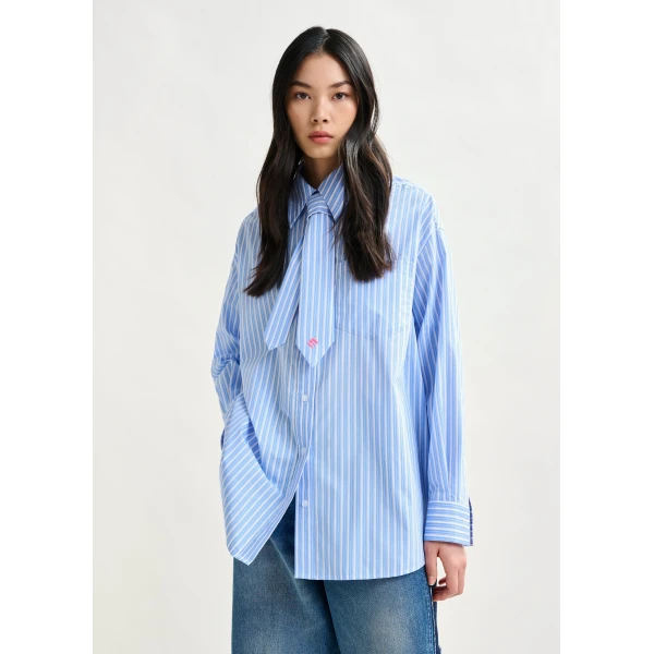 Essentiel Antwerp Blue and white striped shirt with removable tie, view 2