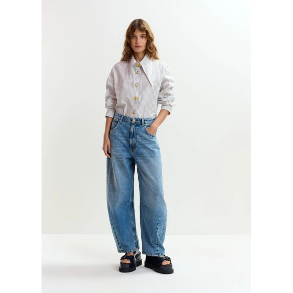 Essentiel Antwerp Blue distressed organic cotton cropped barrel-leg jeans, view 2