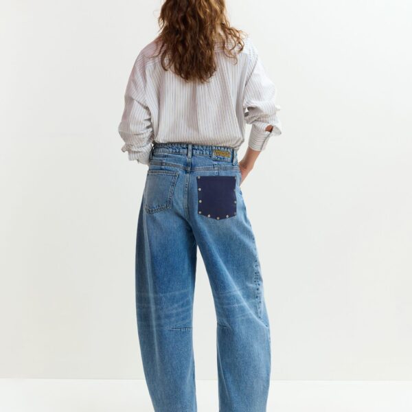 Essentiel Antwerp Blue distressed organic cotton cropped barrel-leg jeans - Essentiel Antwerp Pants - Colorful Belgian Design - Shop at Coveti