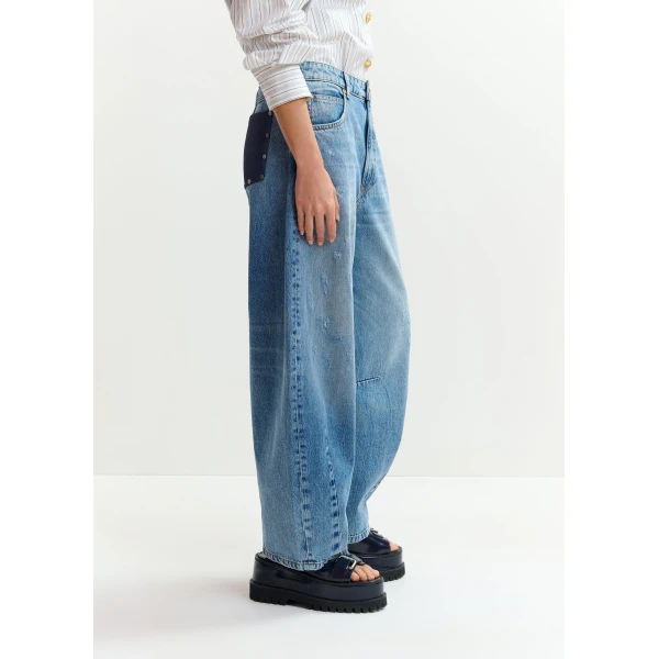 Essentiel Antwerp Blue distressed organic cotton cropped barrel-leg jeans, view 5