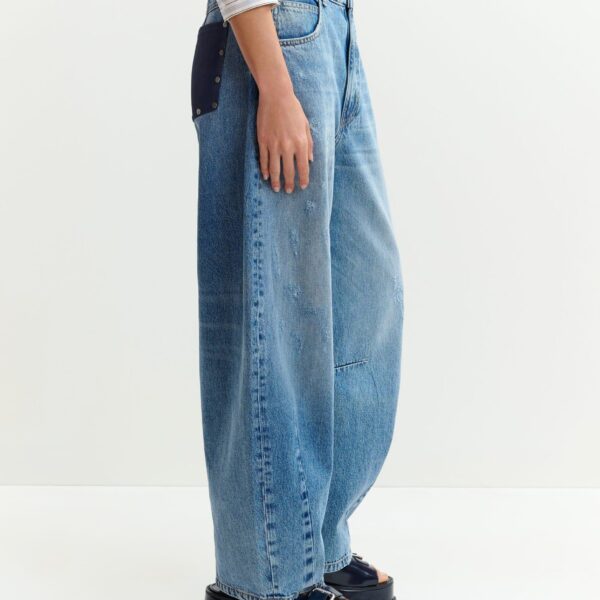 Essentiel Antwerp Blue distressed organic cotton cropped barrel-leg jeans - Essentiel Antwerp Pants - Colorful Belgian Design - Shop at Coveti