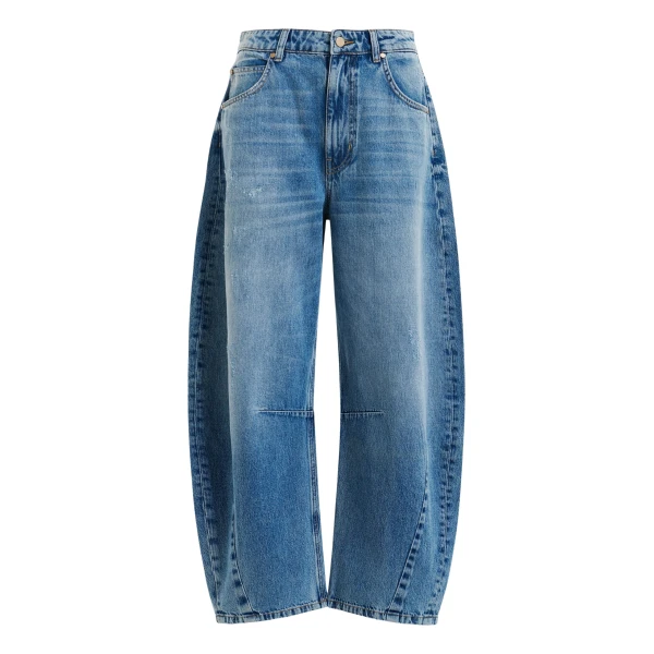 Essentiel Antwerp Blue distressed organic cotton cropped barrel-leg jeans - Essentiel Antwerp Pants - Colorful Belgian Design - Shop at Coveti