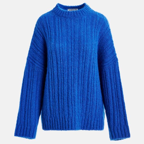 Essentiel Antwerp Blue mohair-blend ribbed sweater with pussy-bow tie - Essentiel Antwerp Knitwear - Colorful Belgian Design - Shop at Coveti