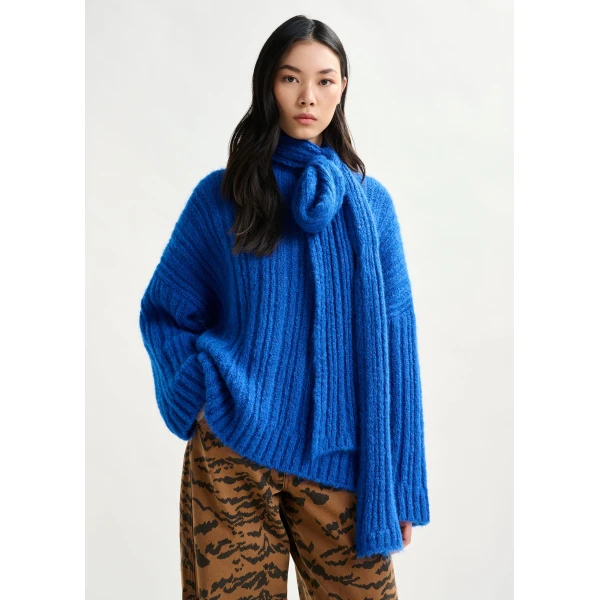 Essentiel Antwerp Blue mohair-blend ribbed sweater with pussy-bow tie, view 3