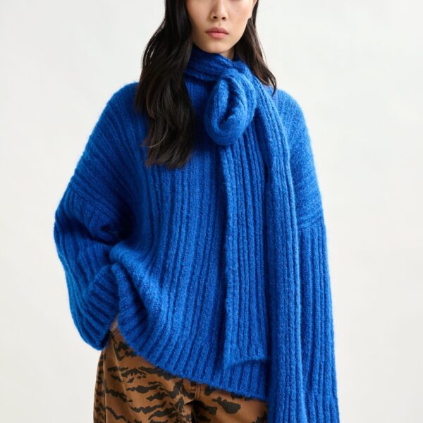 Essentiel Antwerp Blue mohair-blend ribbed sweater with pussy-bow tie - Essentiel Antwerp Knitwear - Colorful Belgian Design - Shop at Coveti