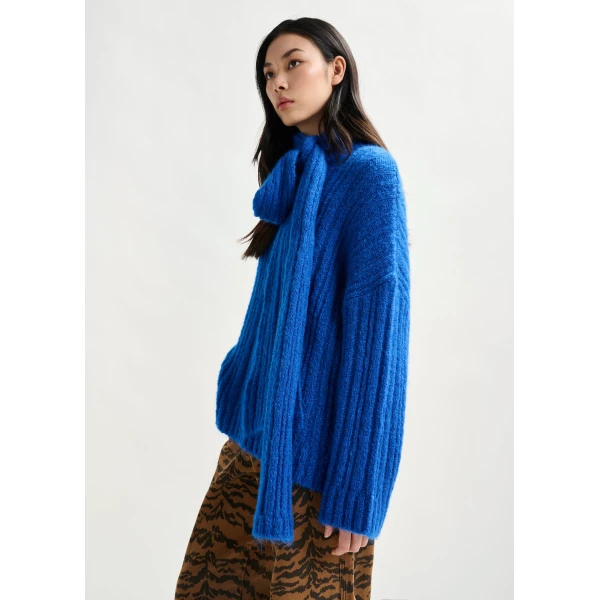 Essentiel Antwerp Blue mohair-blend ribbed sweater with pussy-bow tie, view 4