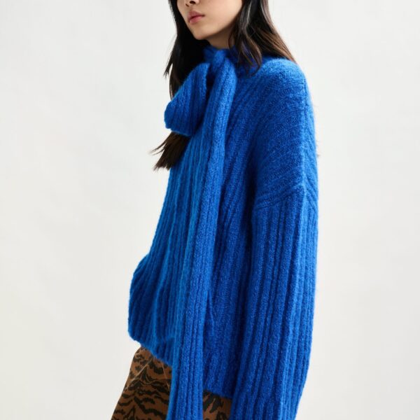 Essentiel Antwerp Blue mohair-blend ribbed sweater with pussy-bow tie - Essentiel Antwerp Knitwear - Colorful Belgian Design - Shop at Coveti