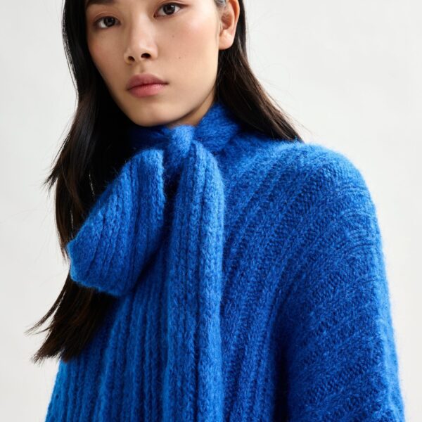 Essentiel Antwerp Blue mohair-blend ribbed sweater with pussy-bow tie - Essentiel Antwerp Knitwear - Colorful Belgian Design - Shop at Coveti