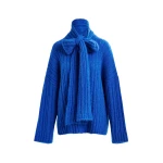 Essentiel Antwerp Blue mohair-blend ribbed sweater with pussy-bow tie - Essentiel Antwerp Knitwear - Colorful Belgian Design - Shop at Coveti
