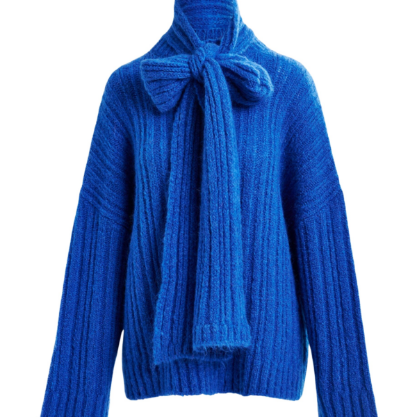 Essentiel Antwerp Blue mohair-blend ribbed sweater with pussy-bow tie - Essentiel Antwerp Knitwear - Colorful Belgian Design - Shop at Coveti