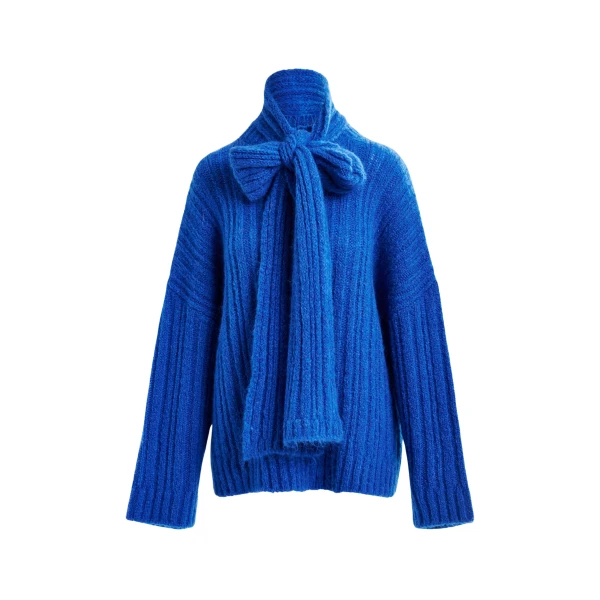 Essentiel Antwerp Blue mohair-blend ribbed sweater with pussy-bow tie - Essentiel Antwerp Knitwear - Colorful Belgian Design - Shop at Coveti