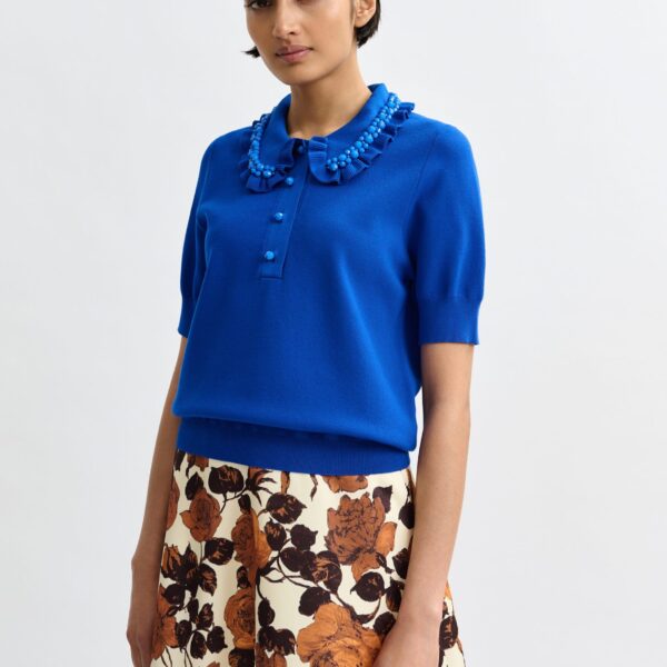 Essentiel Antwerp Blue ruffle fine-knit polo top with bead embellishments - Essentiel Antwerp Tops - Colorful Belgian Design - Shop at Coveti