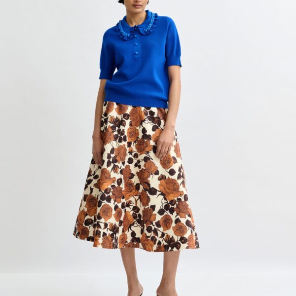 Essentiel Antwerp Blue ruffle fine-knit polo top with bead embellishments - Essentiel Antwerp Tops - Colorful Belgian Design - Shop at Coveti