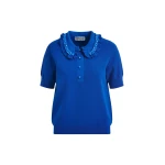 Essentiel Antwerp Blue ruffle fine-knit polo top with bead embellishments - Essentiel Antwerp Tops - Colorful Belgian Design - Shop at Coveti