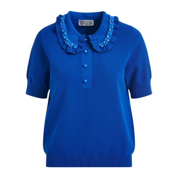 Essentiel Antwerp Blue ruffle fine-knit polo top with bead embellishments - Essentiel Antwerp Tops - Colorful Belgian Design - Shop at Coveti