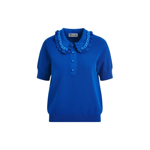 Essentiel Antwerp Blue ruffle fine-knit polo top with bead embellishments - Essentiel Antwerp Tops - Colorful Belgian Design - Shop at Coveti