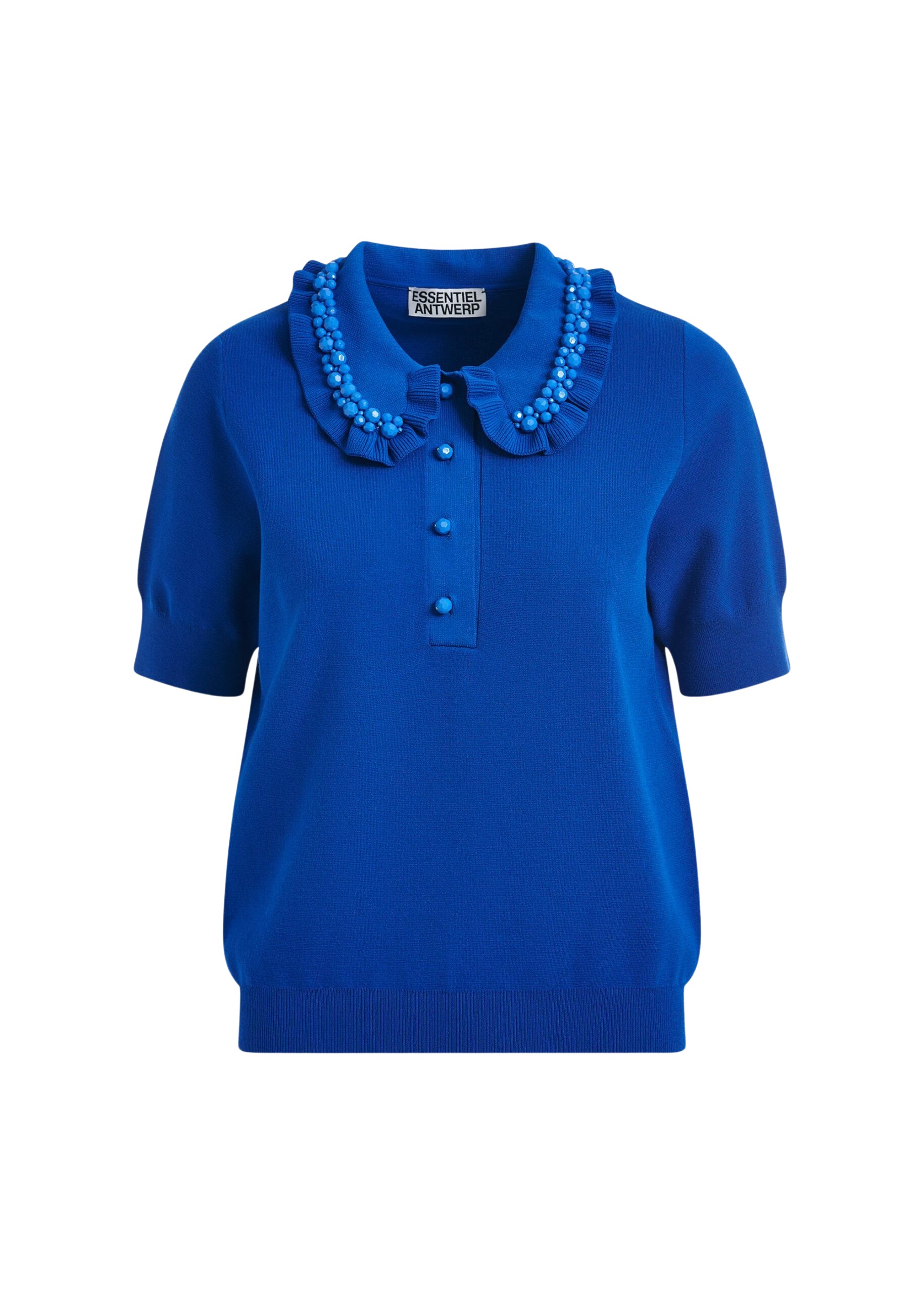 Essentiel Antwerp Blue ruffle fine-knit polo top with bead embellishments - Essentiel Antwerp Tops - Colorful Belgian Design - Shop at Coveti