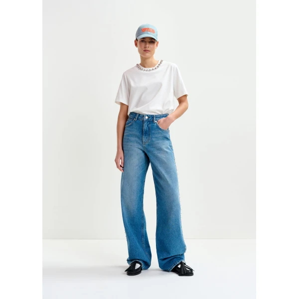 Essentiel Antwerp Blue straight leg jeans with pearl and stud embellishments, view 2