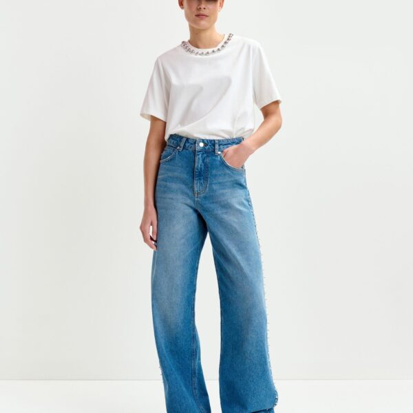 Essentiel Antwerp Blue straight leg jeans with pearl and stud embellishments - Essentiel Antwerp Pants - Colorful Belgian Design - Shop at Coveti